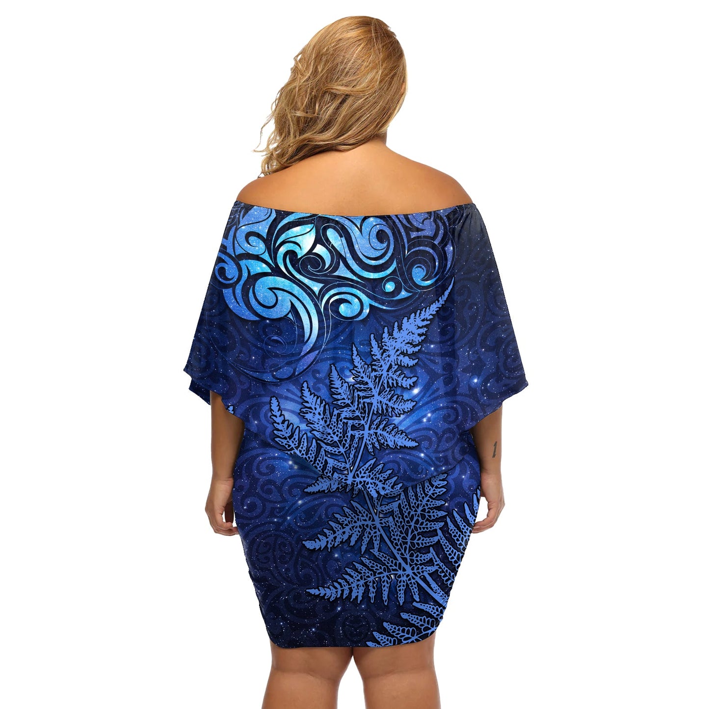 Neuseeland Matariki Off Shoulder Kurzes blumen kleid Maori Muster und Silberfarn LT03