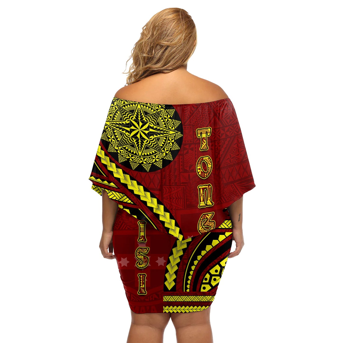 Kolisi Tonga Atele schulterfreies kurzes Kleid mit blumen mit Ngatu- und polynesischem Muster LT03