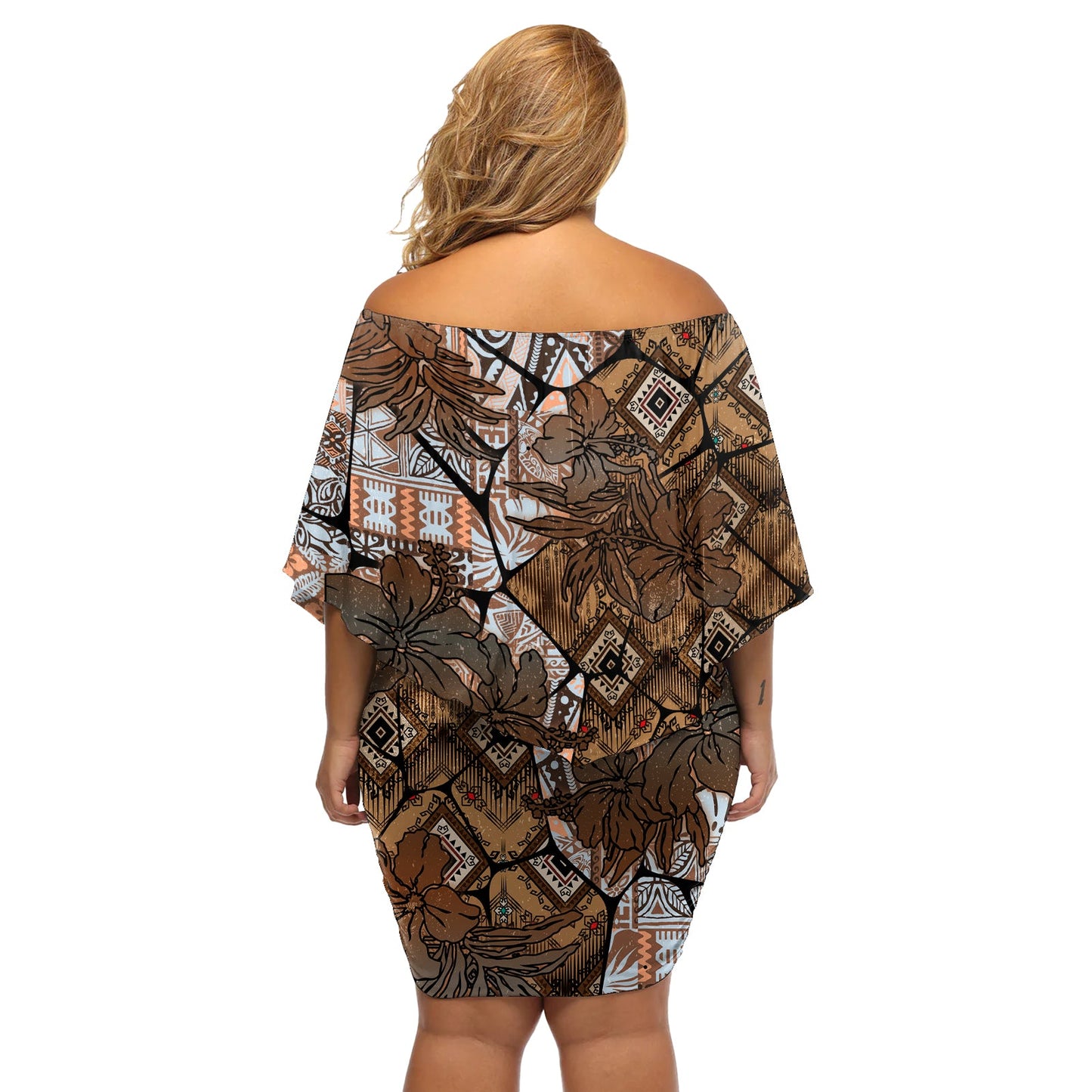 Fiji Masi Tapa Tribal Schulterfreies Kurzes Kleid blumen Old Hibiscus Vintage Style LT03