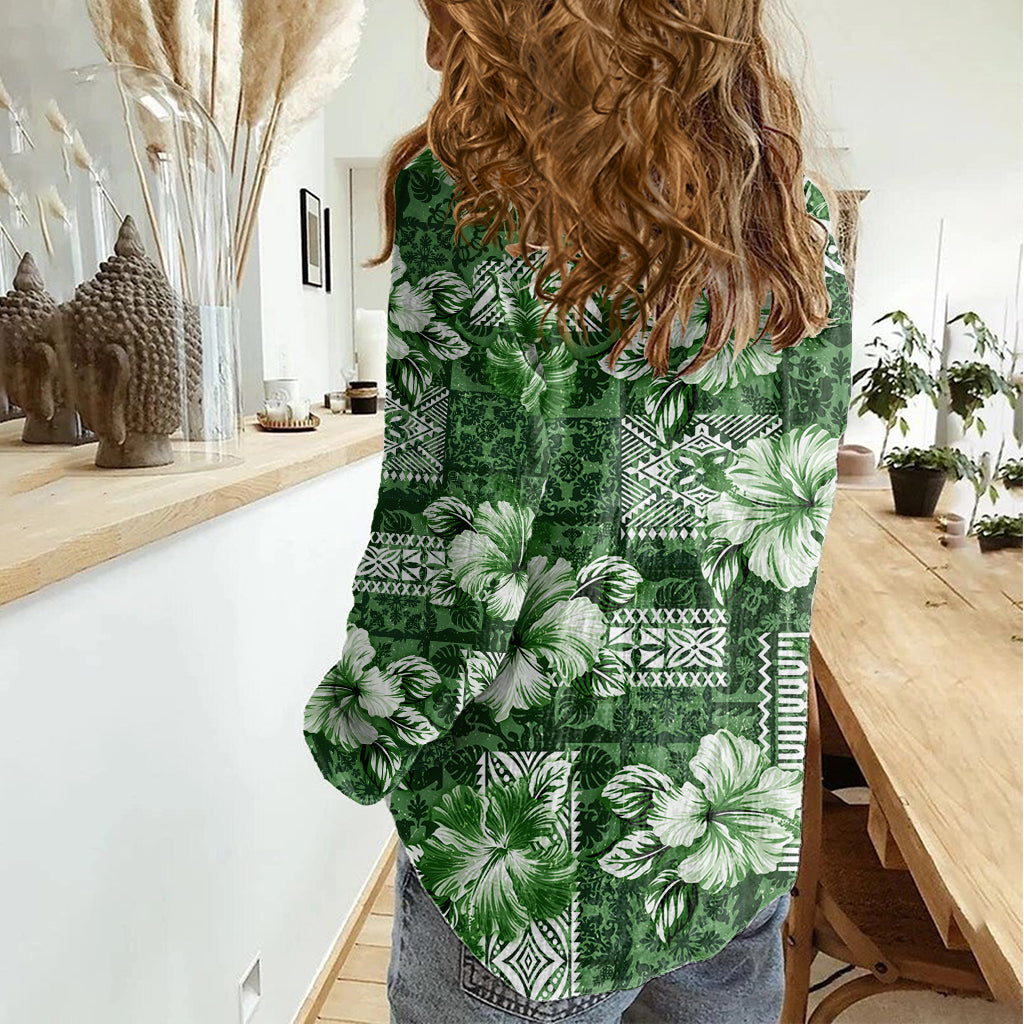 Hawaiianisches Quiltmuster Damen Freizeithemd Hibiskus und Tribal-Element Vintage Green Vibe LT03