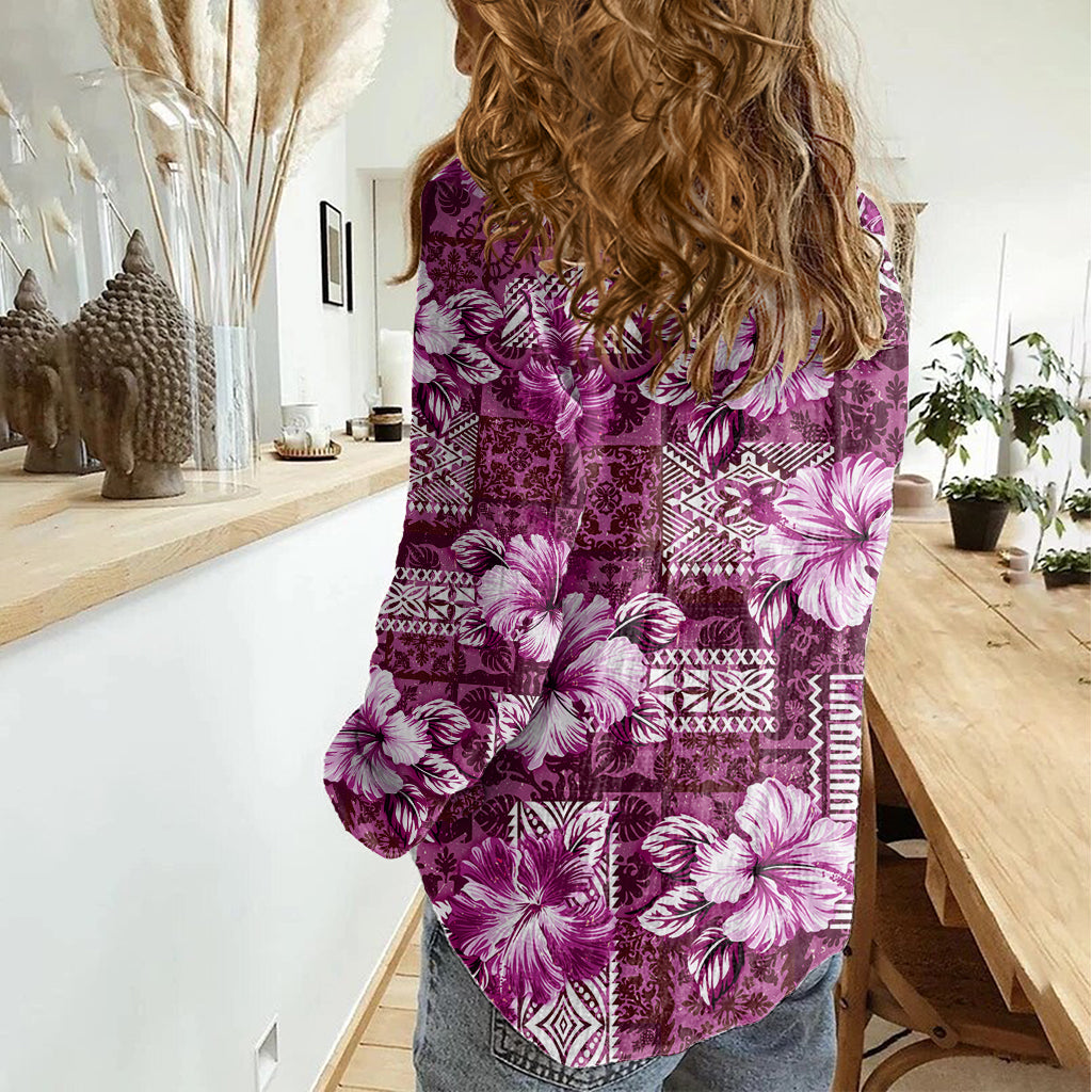 Hawaiianisches Quiltmuster Damen Freizeithemd Hibiskus und Tribal-Element Vintage Pink Vibe LT03