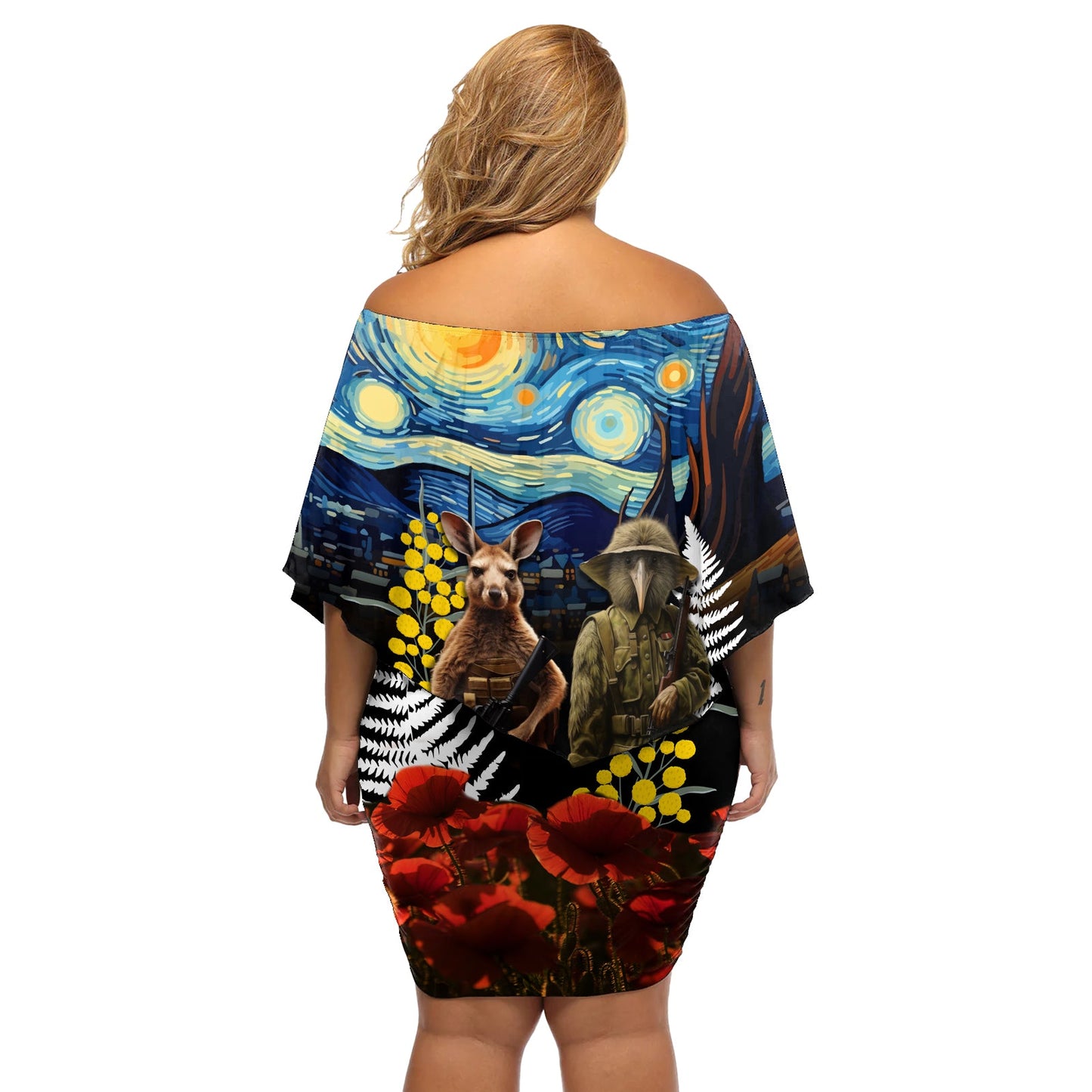 Neuseeland und Australien ANZAC Day Schulterfreies Kurzes Kleid blumen Kiwi Vogel und Känguru Soldat Sternennacht Stil LT03