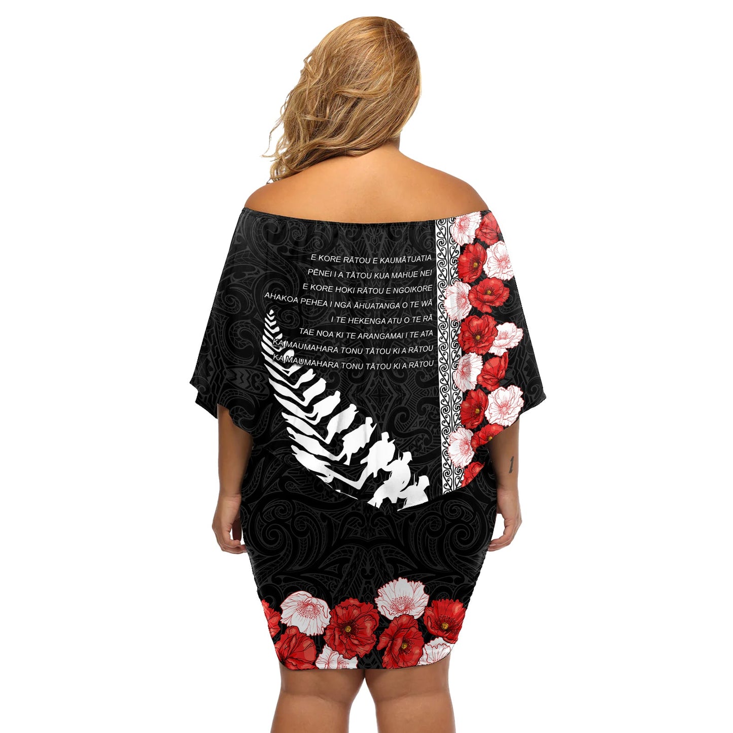 Neuseeland ANZAC Day Schulterfreies Kurzes Kleid blumen Soldat Silberfarn mit roten Mohnblumen Maori Stil LT03