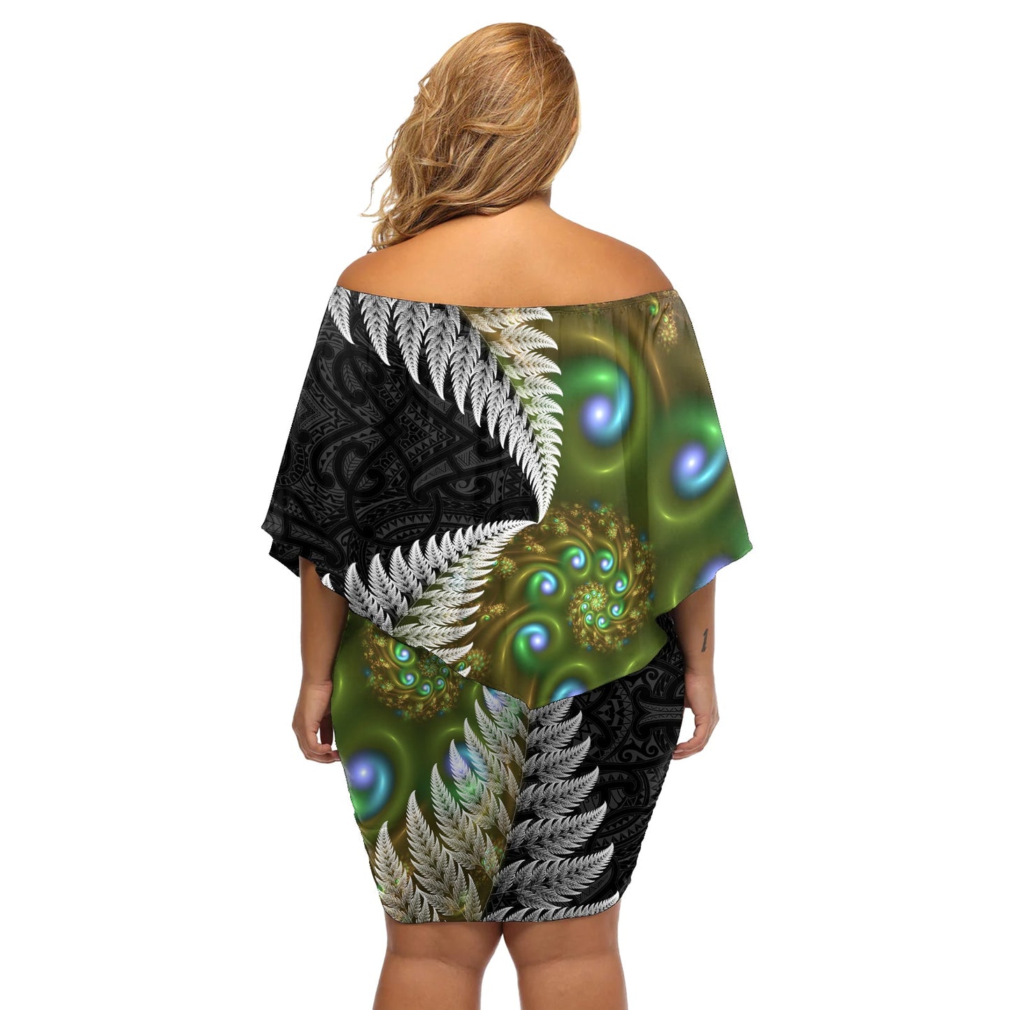 Neuseeland Off Shoulder Kurzes Kleid blumen Koru Abstrakte Kunst und Silberfarn Maori Muster LT03