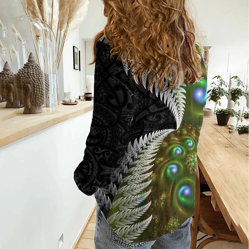 Neuseeland Damen Casual Shirt Koru Abstrakte Kunst und Silberfarn Maori Muster LT03