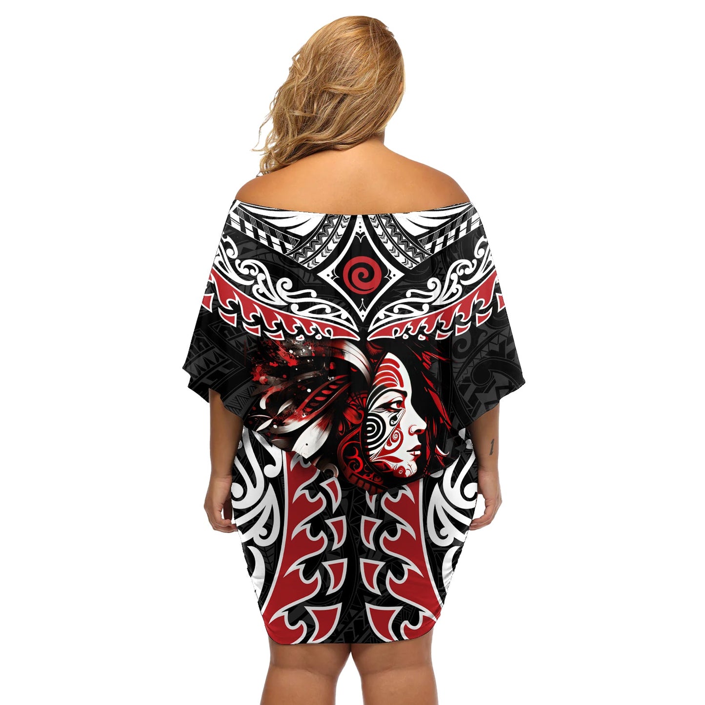 Neuseeländisches Maori-Mädchen, schulterfreies, kurzes Kleid blumen, silbernes Farn- und Koru-Muster, LT03