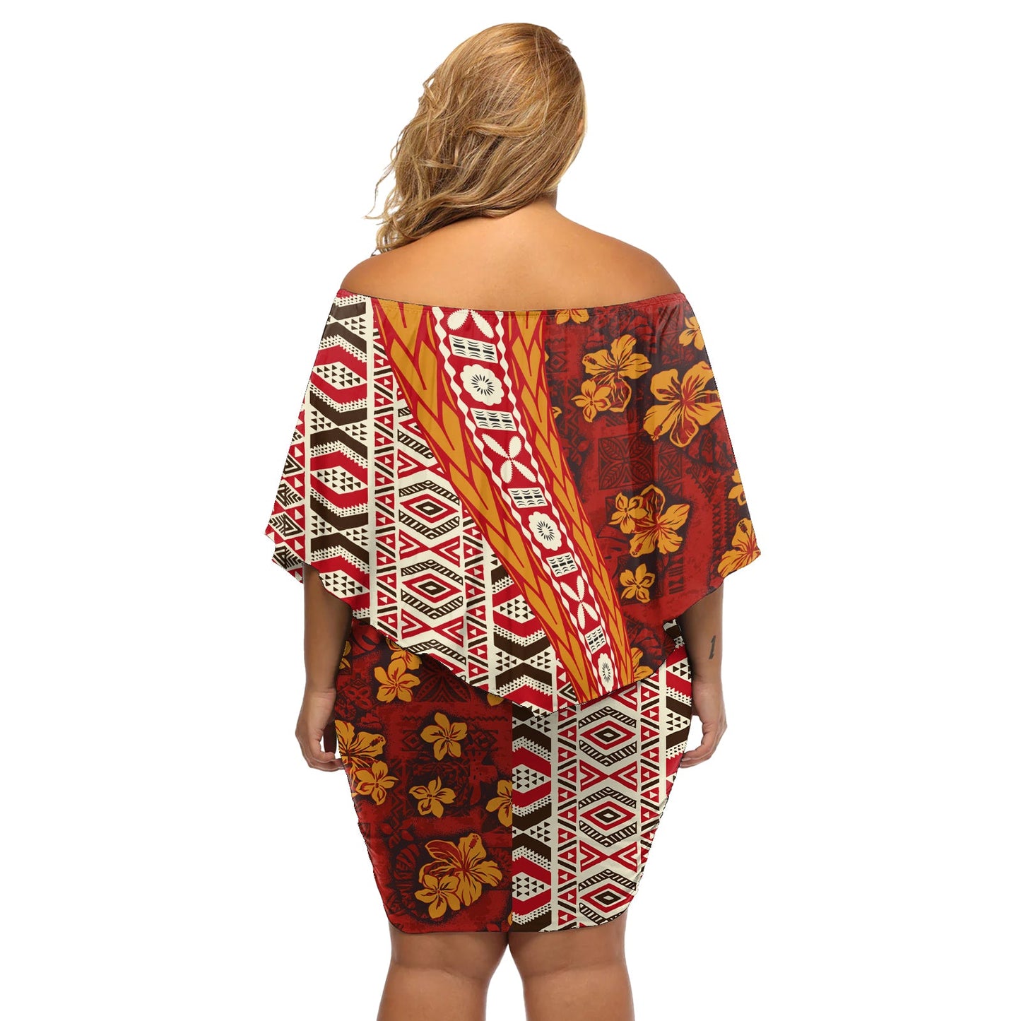 Hawaiianisches Native Tapa-Elemente und Hibiskusblüten, schulterfreies, kurzes Kleid blumen LT03