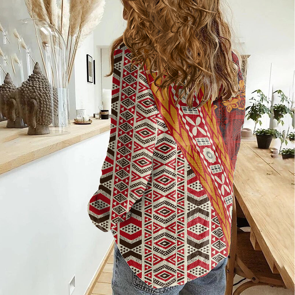 Hawaii Native Tapa Elemente und Hibiskusblüten Damen Freizeithemd LT03