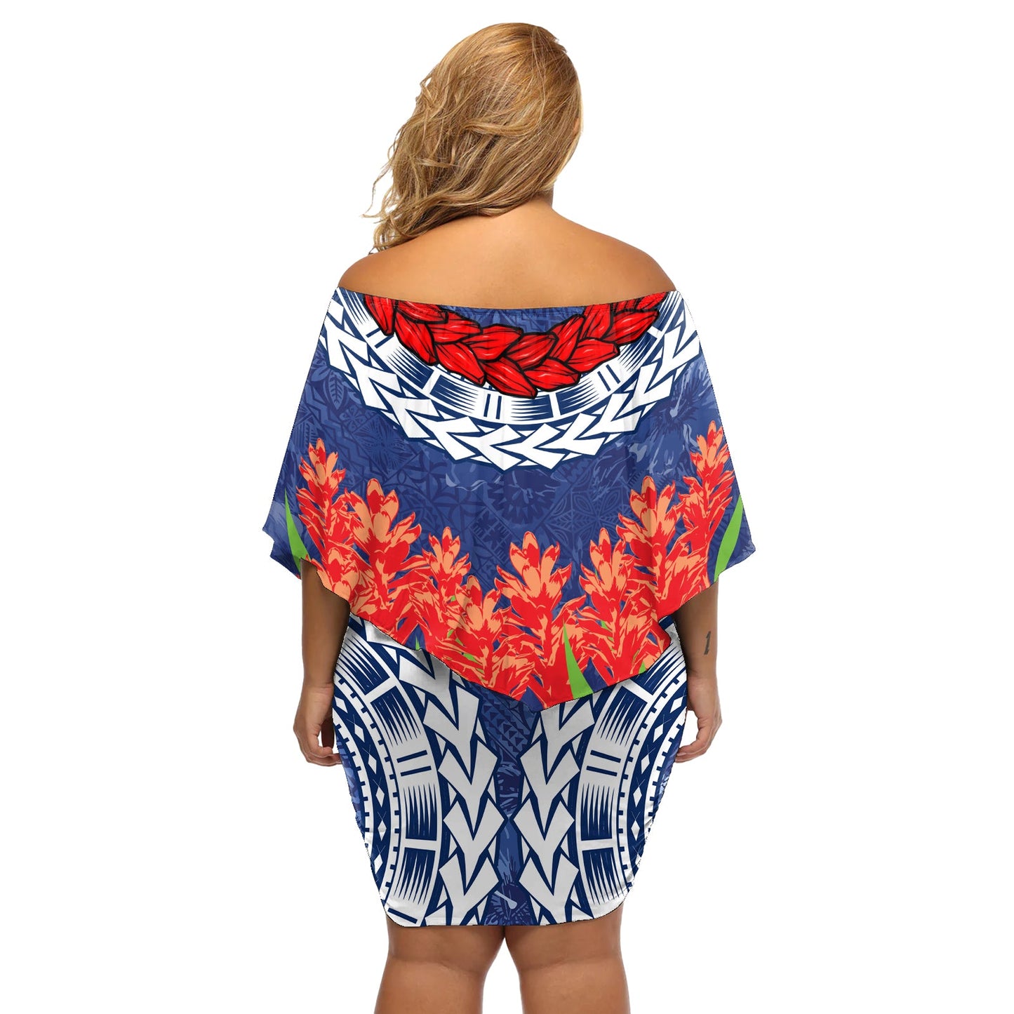 Samoanisches Tapa-Kurzkleid mit schulterfreiem Schnitt, Ula Fala und Teuila-Blume LT03