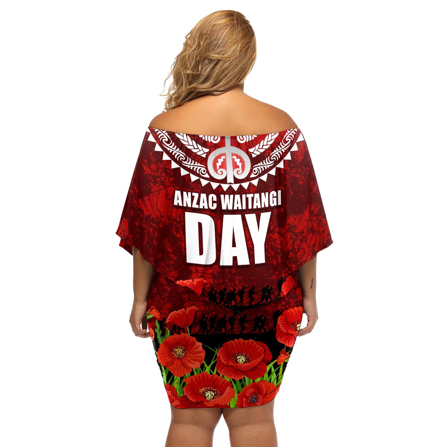 Neuseeland ANZAC Waitangi Day Schulterfreies Kurzes Kleid blumen Hei Tiki und Soldier LT03