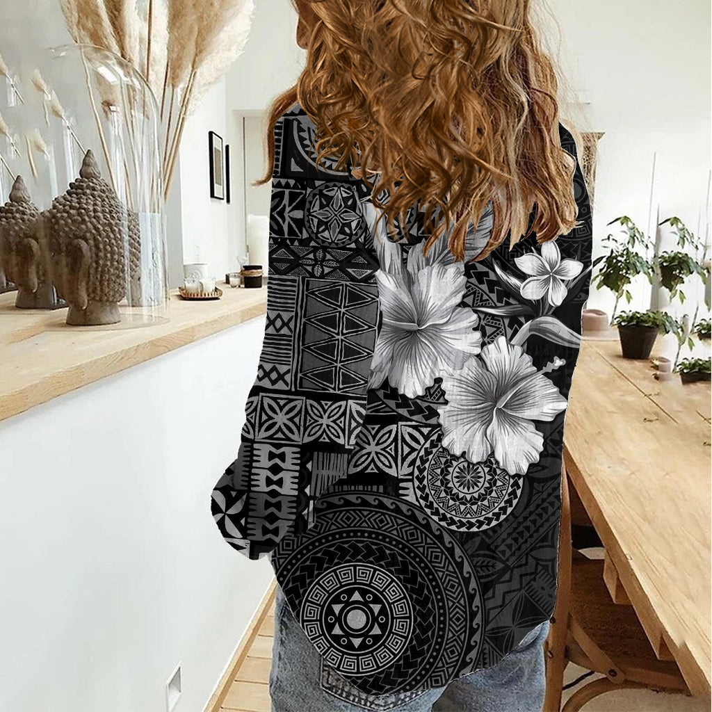 Hawaii Tapa Muster mit schwarzem Hibiskus Damen Freizeithemd LT05