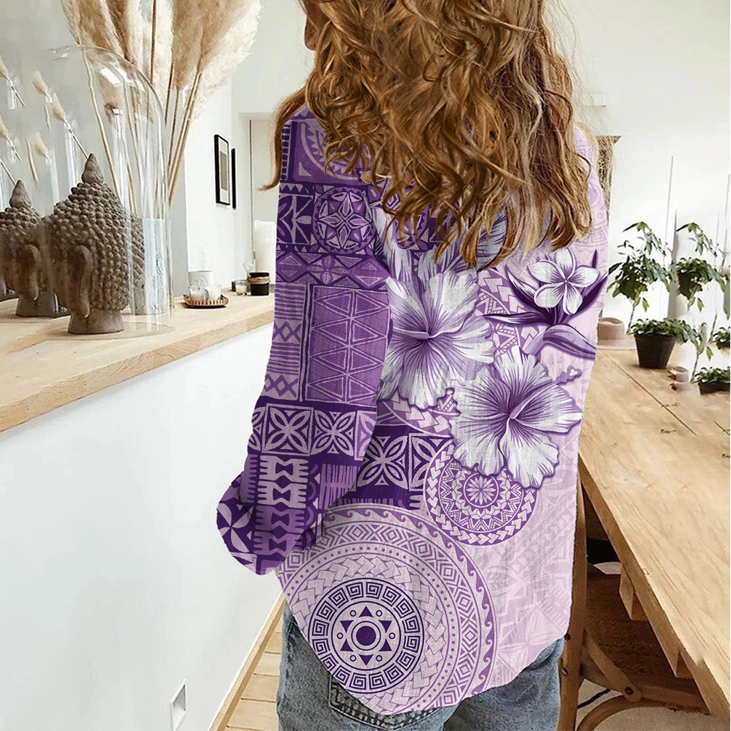 Hawaii Tapa Muster mit violettem Hibiskus Damen Freizeithemd LT05