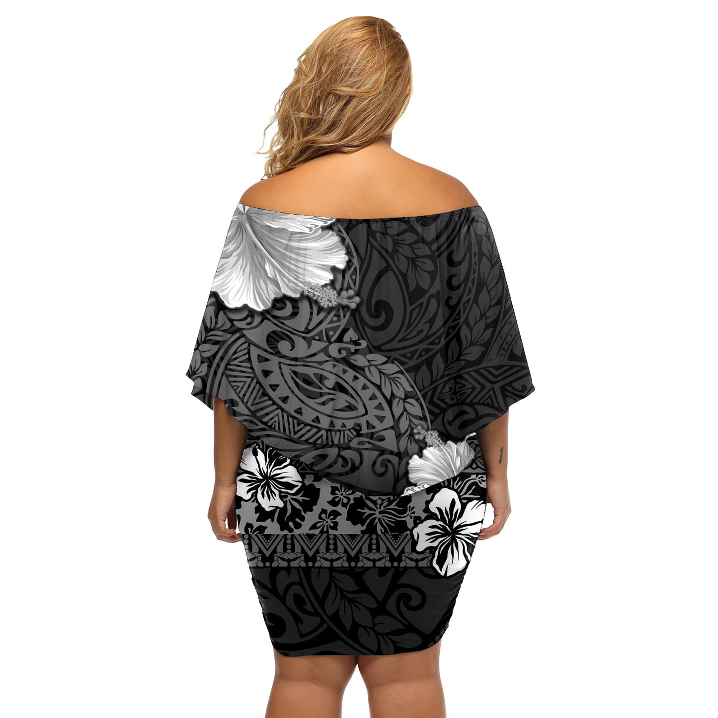Hawaii Hibiskus mit schwarzem polynesischem Muster, schulterfreies kurzes blumen kleid LT05