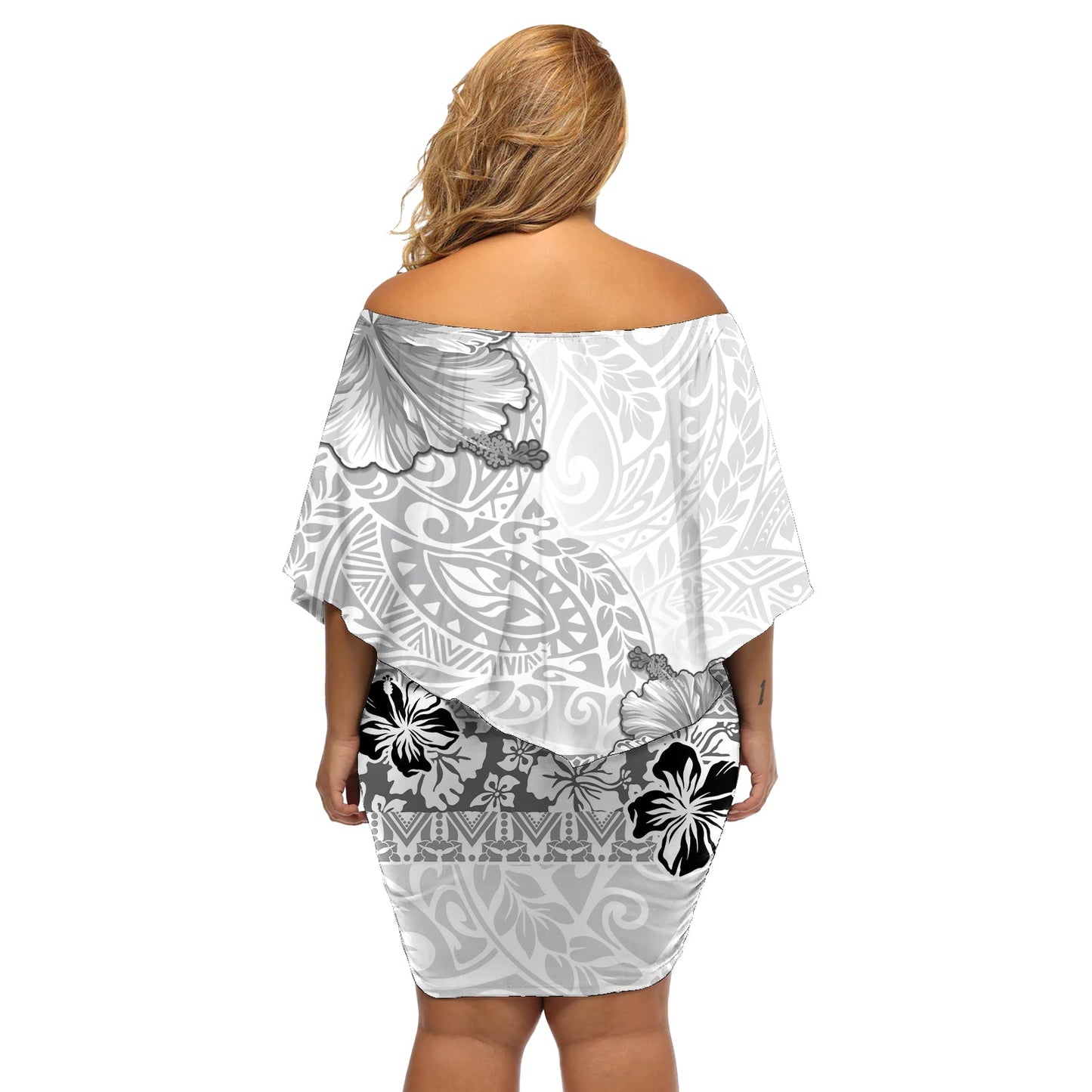 Hawaii Hibiskus mit weißem polynesischem Muster, schulterfreies kurzes blumen kleid LT05