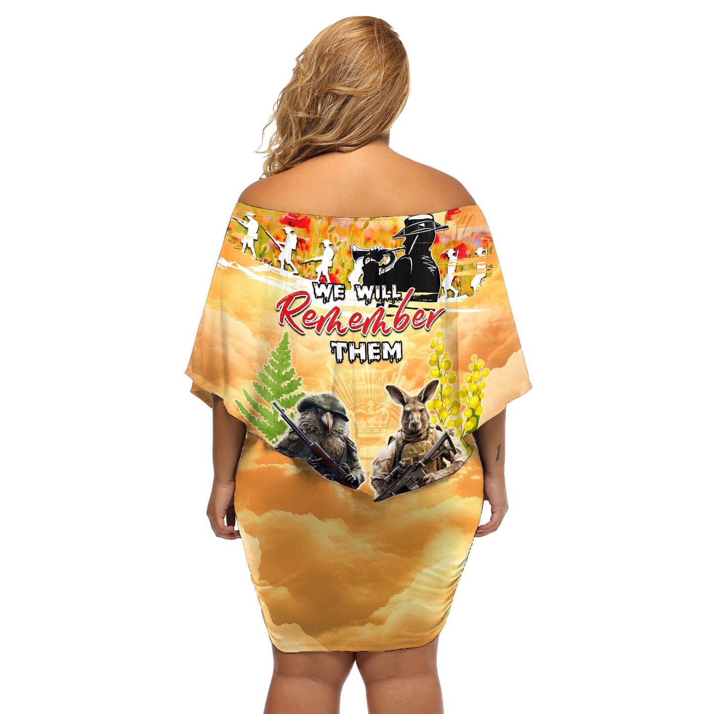 Australien und Neuseeland ANZAC Day Schulterfreies kurzes Kleid blumen Känguru und Kiwi Vogel Soldaten Lest We Forget LT05