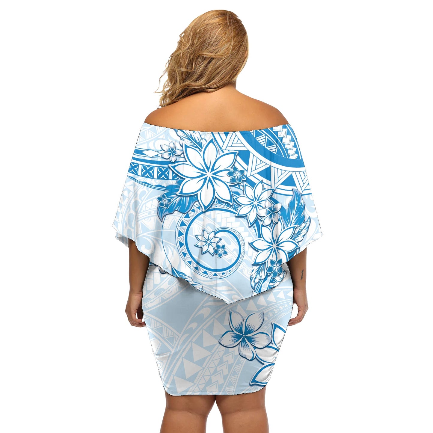 Polynesisches Muster mit Plumeria-Blumen, schulterfreies kurzes blumen kleid, Blau LT05