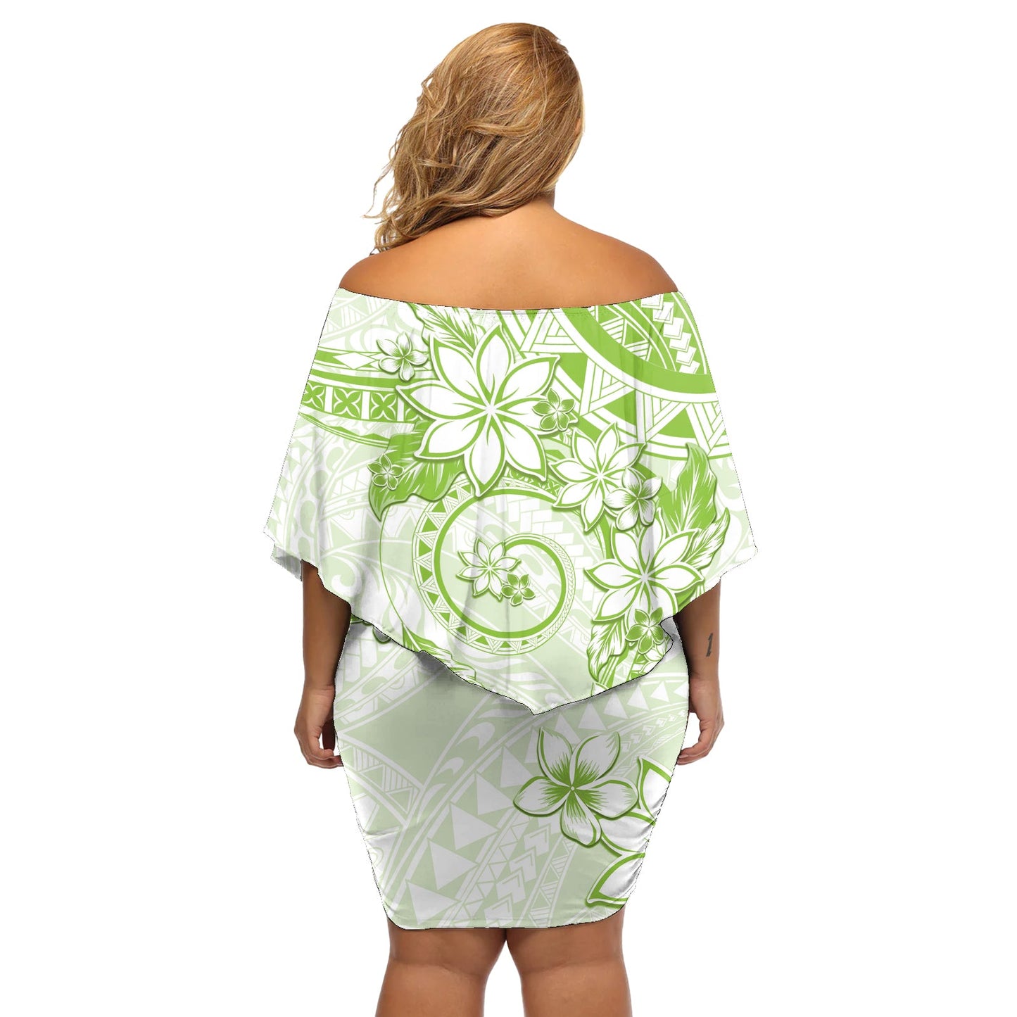Polynesisches Muster mit Plumeria-Blumen, schulterfreies, kurzes blumen kleid, Limettengrün LT05