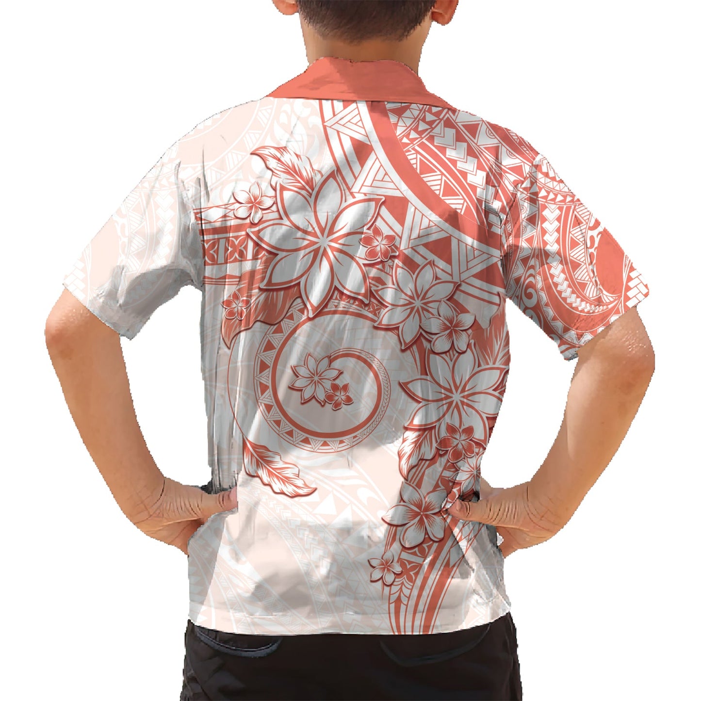 Polynesisches Muster mit Plumeria Blumen Hawaiihemd Orange Pfirsich LT05