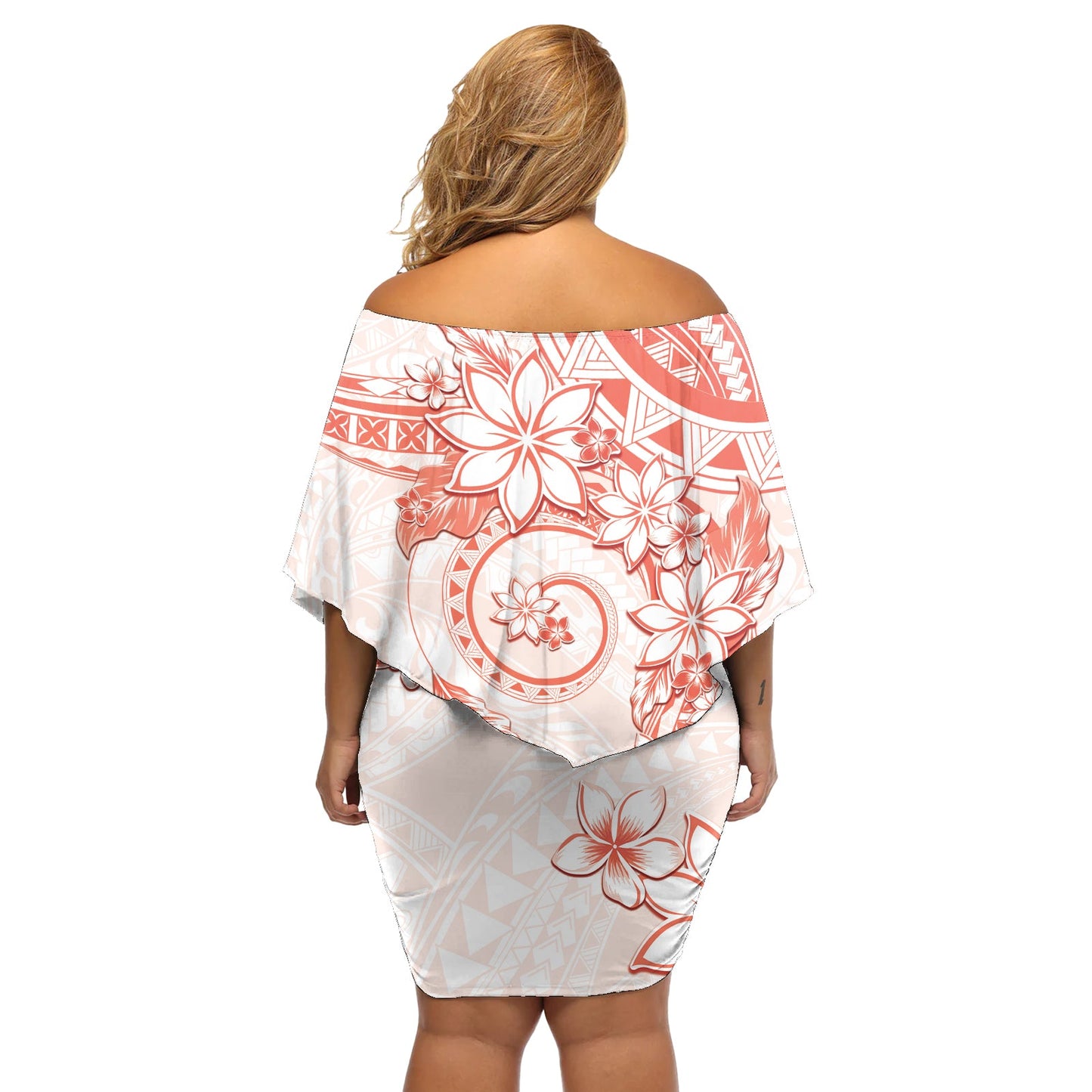Polynesisches Muster mit Plumeria-Blumen, schulterfreies kurzes blumen kleid, Orange/Pfirsich LT05