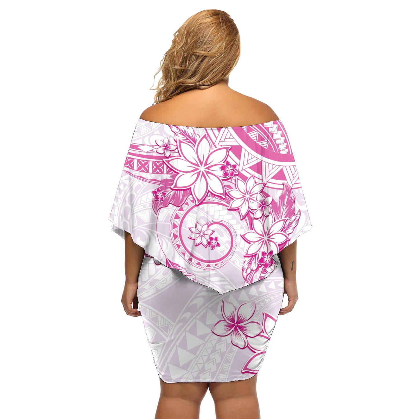 Polynesisches Muster mit Plumeria-Blumen, schulterfreies kurzes blumen kleid, Rosa LT05