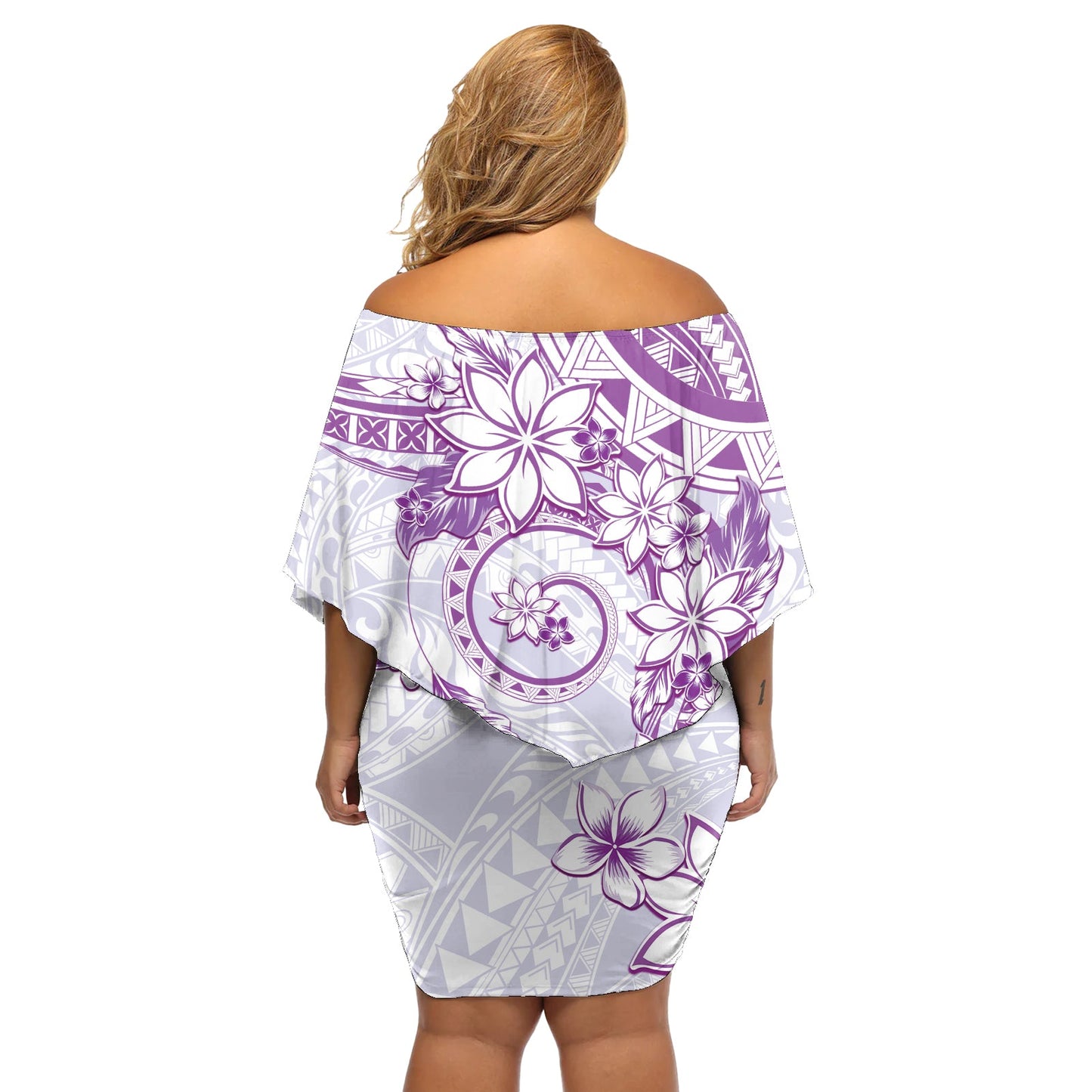 Polynesisches Muster mit Plumeria-Blumen, schulterfreies kurzes blumen kleid, Lila LT05