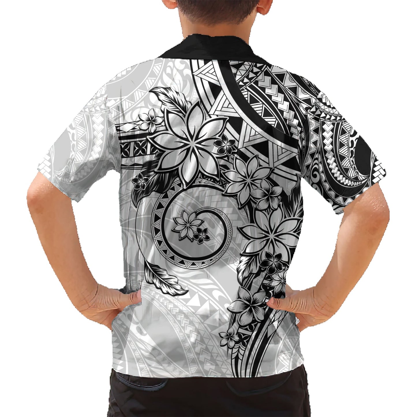 Polynesisches Muster mit Plumeria Blumen Hawaiihemd Weiß LT05