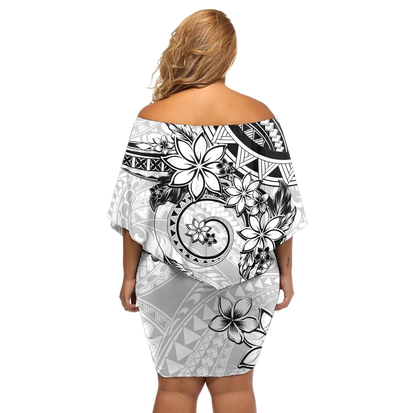 Polynesisches Muster mit Plumeria-Blumen, schulterfreies kurzes blumen kleid, weiß, LT05