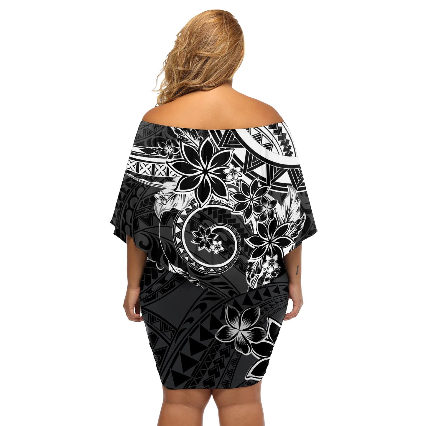 Polynesisches Muster mit Plumeria-Blumen, schulterfreies, kurzes blumen kleid, Schwarz LT05