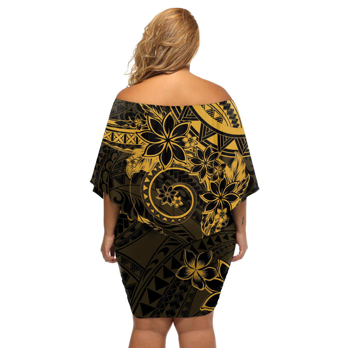 Polynesian Sunset Plumeria Off Shoulder Kurzes blumen kleid Gold Polynesian Tattoo LT05