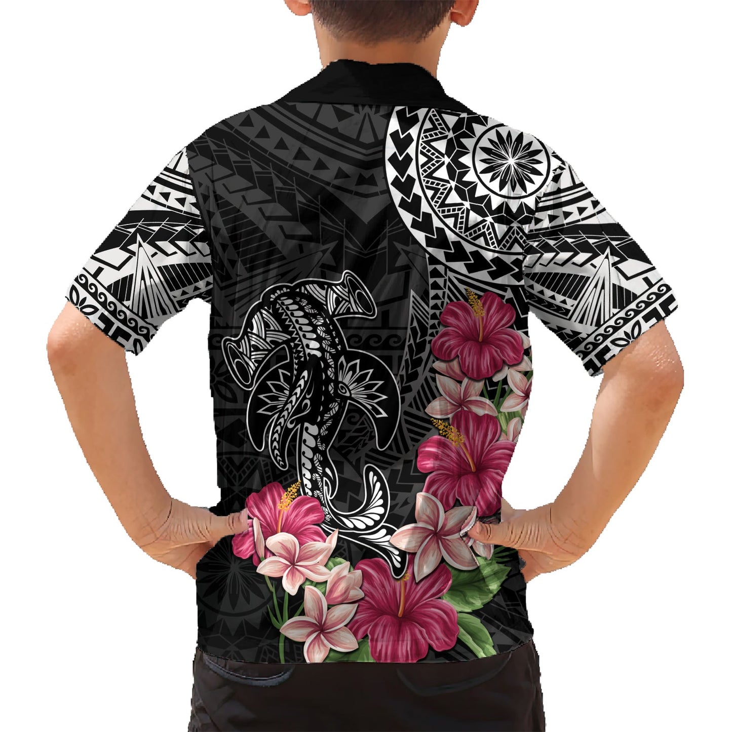 Schwarzes Hawaiihemd mit polynesischem Hammerhai-Tribal-Muster LT05