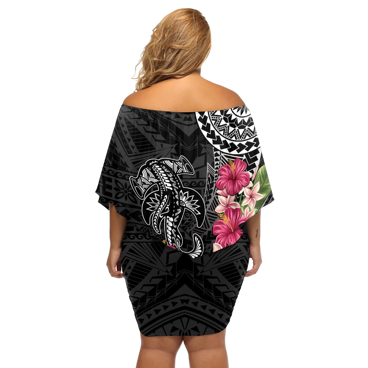 Schwarzes schulterfreies kurzes blumen kleid mit polynesischem Hammerhai-Tribal-Muster LT05