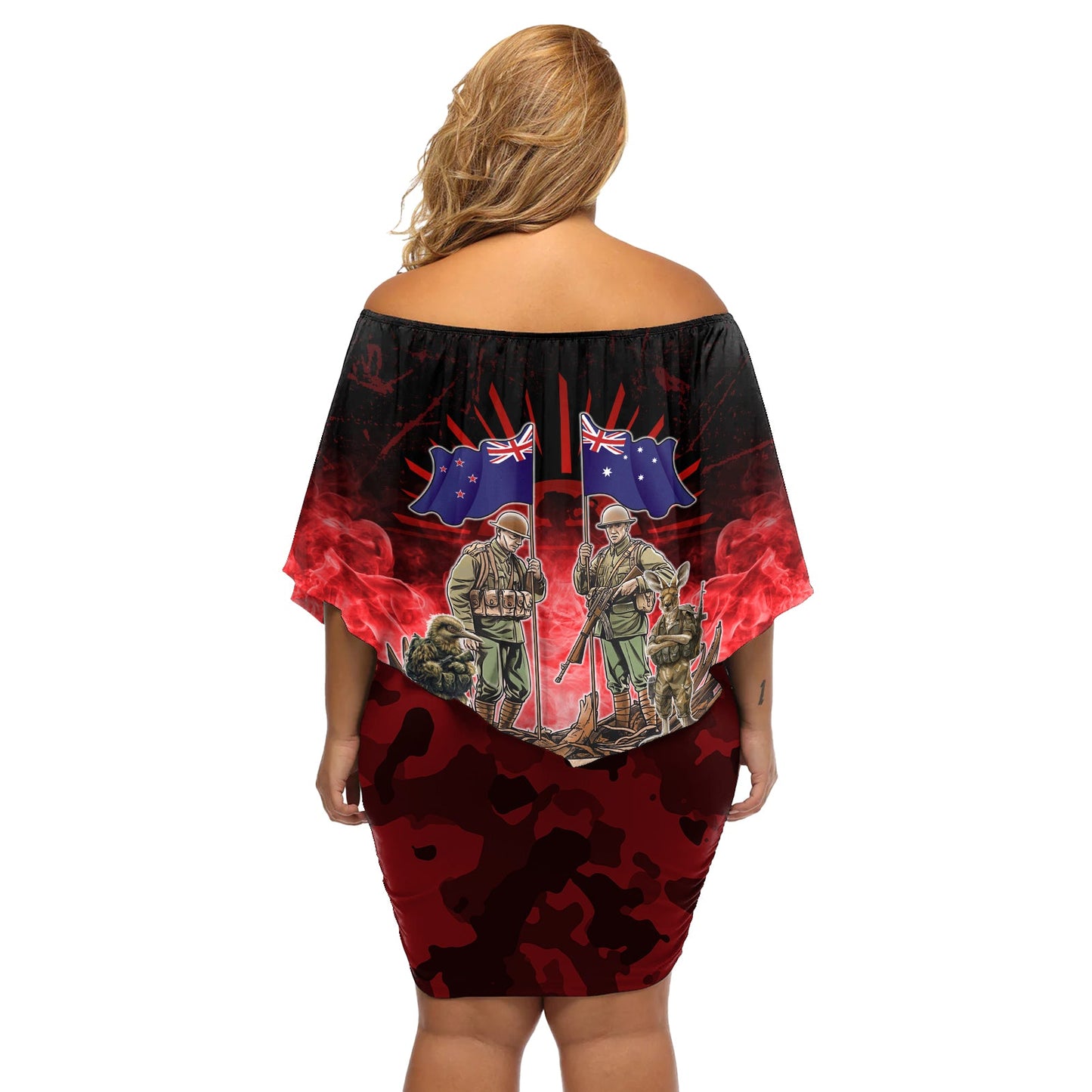 Australien und Neuseeland ANZAC Day Schulterfreies kurzes Kleid blumen Soldaten Lest We Forget LT05