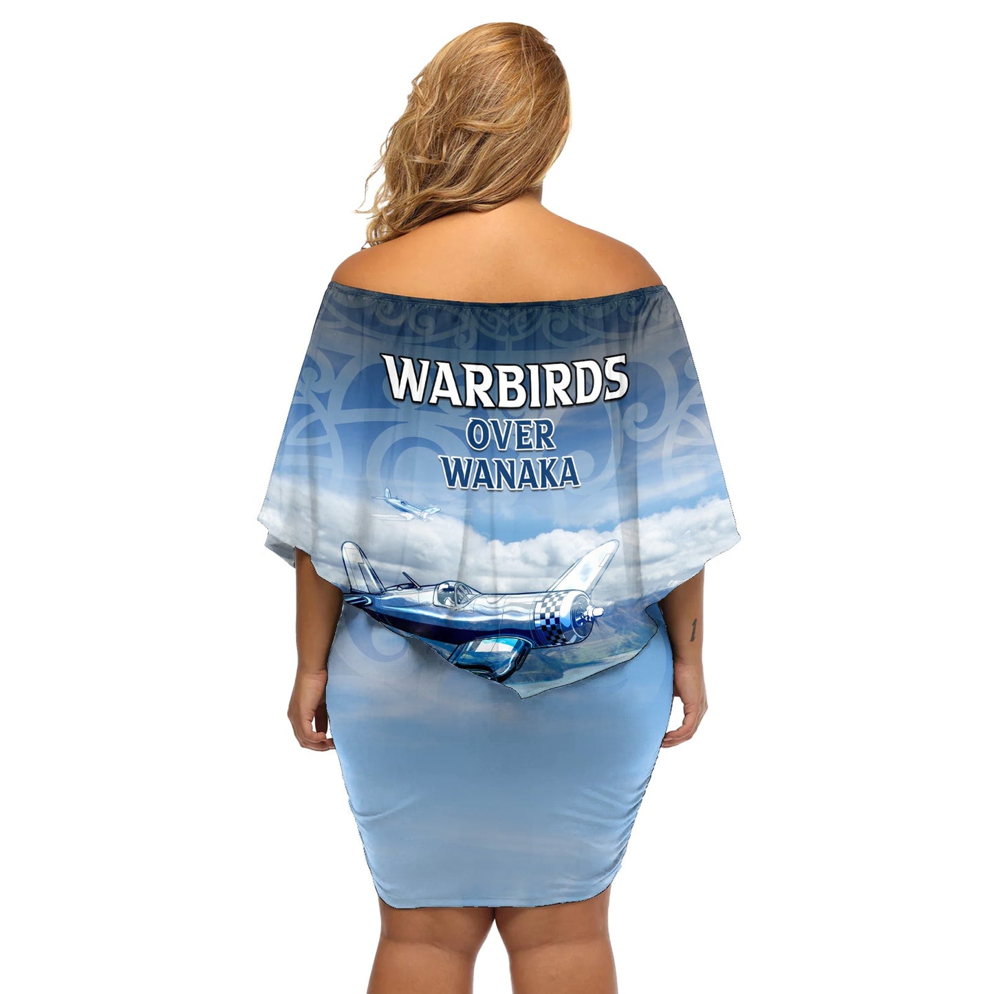 New Zealand Wanaka Air Show Schulterfreies, kurzes Kleid blumen mit Maori-Muster LT05