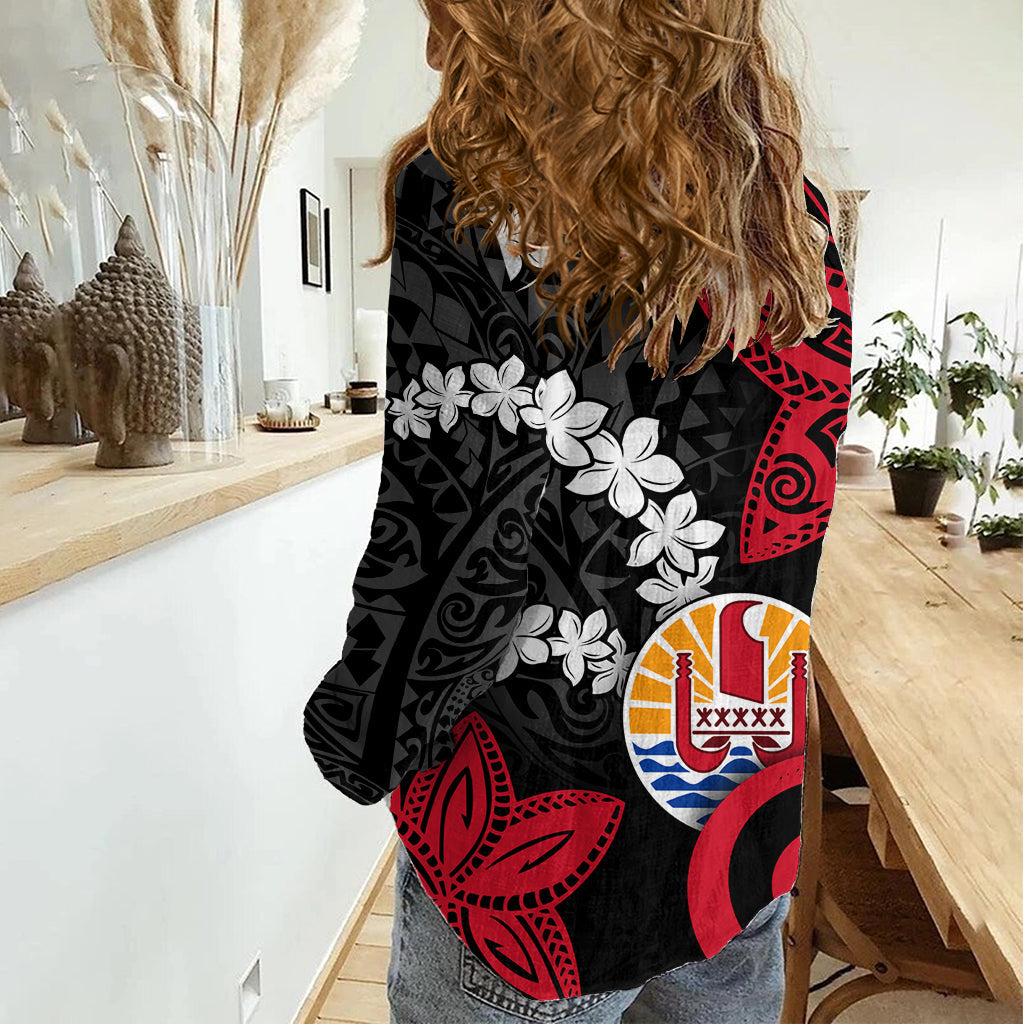 Tahiti Heiva Festival Damen Freizeithemd Blumenmuster mit Wappen LT05