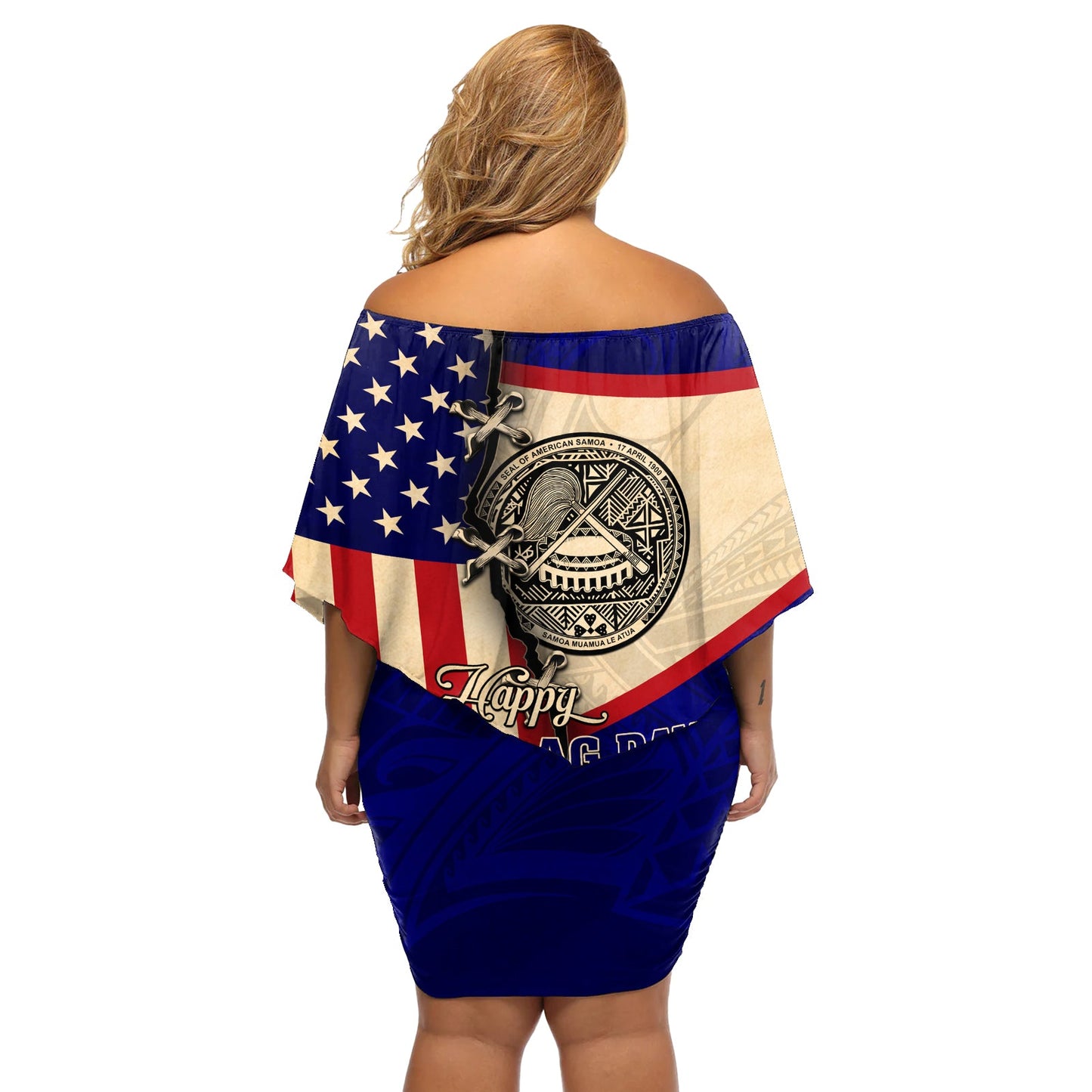 Tag der Flagge von Amerikanisch-Samoa, schulterfreies, kurzes Kleid blumen, polynesisches Stammesmuster LT05