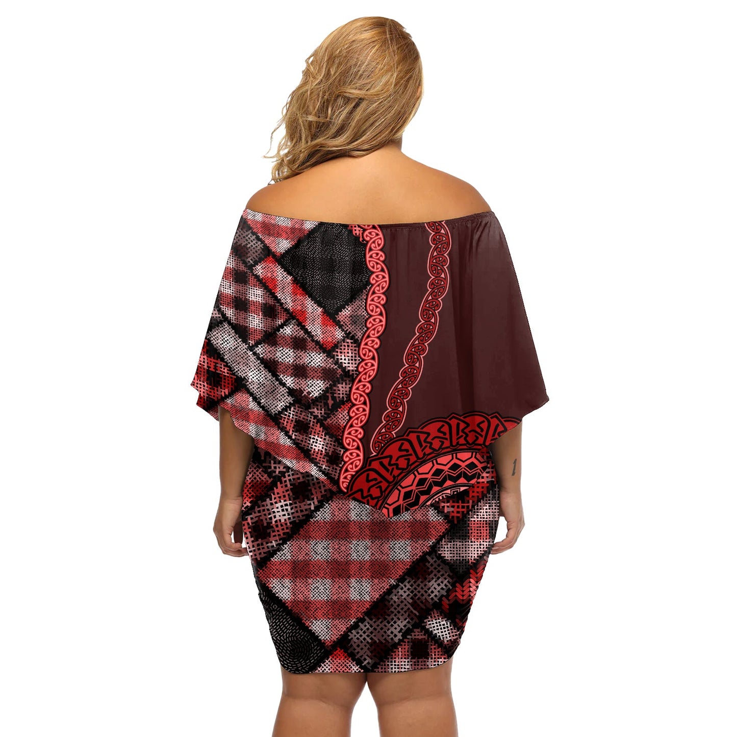 Neuseeland Aotearoa Off Shoulder Kurzes Kleid blumen Maori Harakeke Webmuster Rot LT05