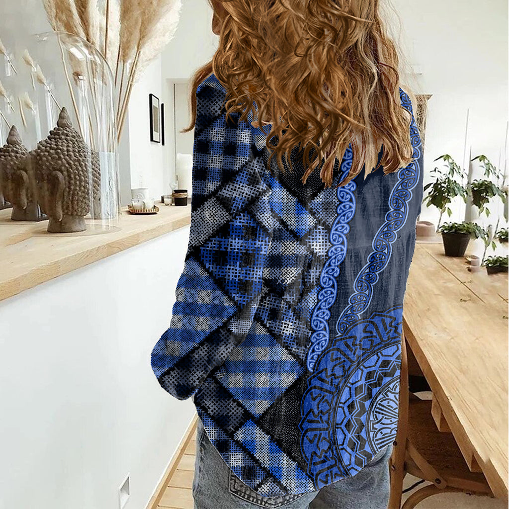 Neuseeland Aotearoa Damen Freizeithemd Maori Harakeke Webmuster Blau LT05