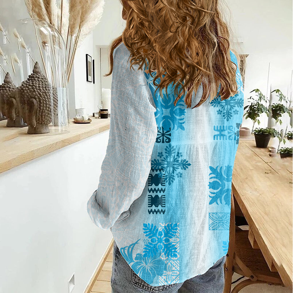 Hawaiian Quilt Damen Freizeithemd Vintage Muster Blau LT05