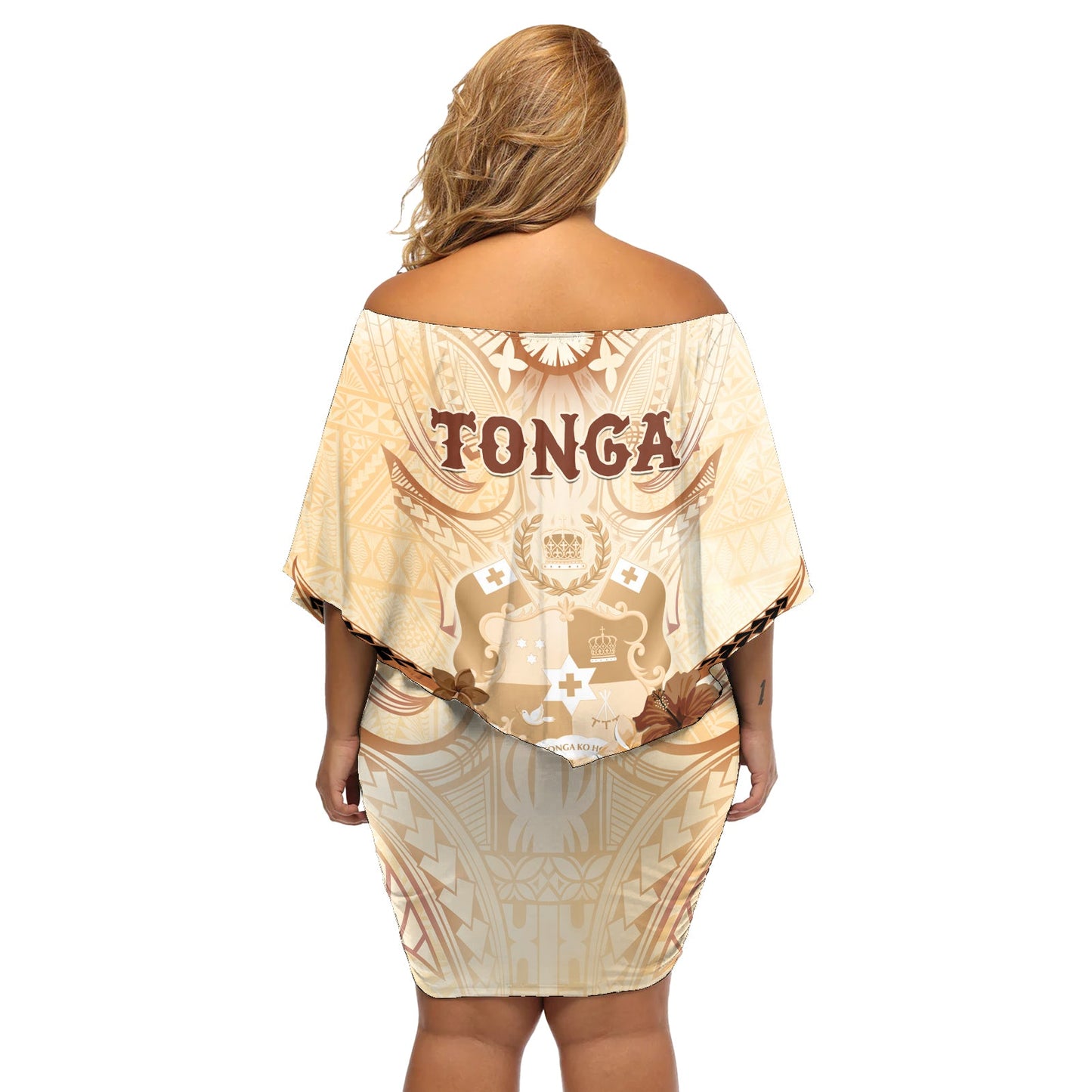 Tonga Damen Day Schulterfreies Kurzes Kleid blumen mit polynesischem Muster LT05