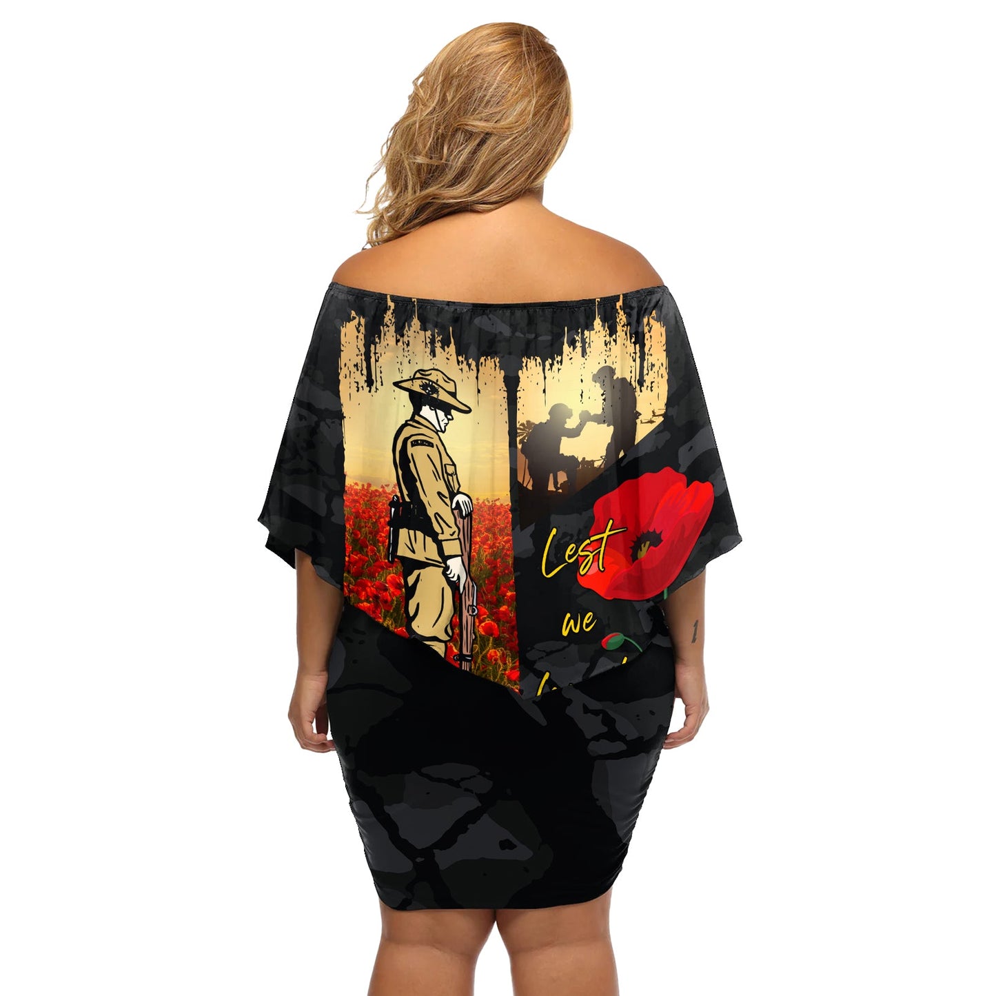 Tokelau ANZAC Day Schulterfreies, kurzes Kleid blumen Lest We Forget LT05
