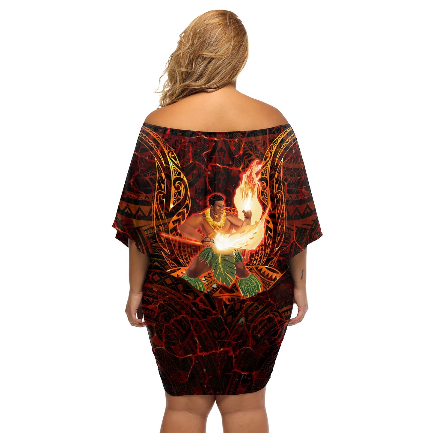 Samoa Siva Afi Festival Schulterfreies Kurzes Kleid blumen Feuermesser Tanzen LT05