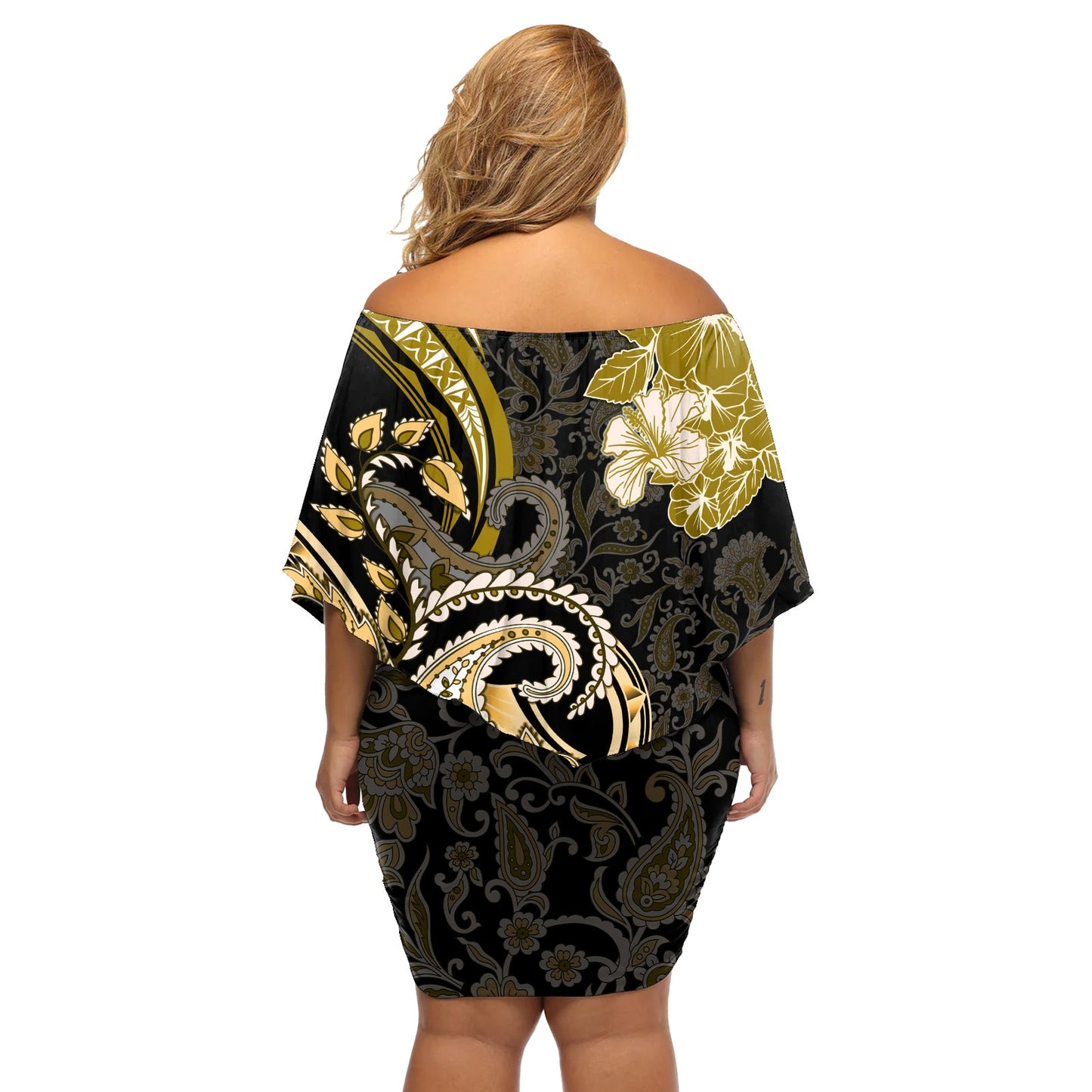 Polynesia Paisley Off Shoulder Kurzes Kleid blumen Mix Gold Polynesianisches Muster LT05