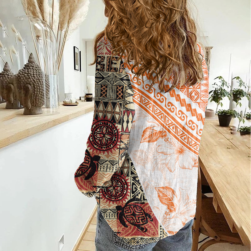 Hawaiian Tapa Damen Freizeithemd Traditionelles Vintage Muster Orange LT05