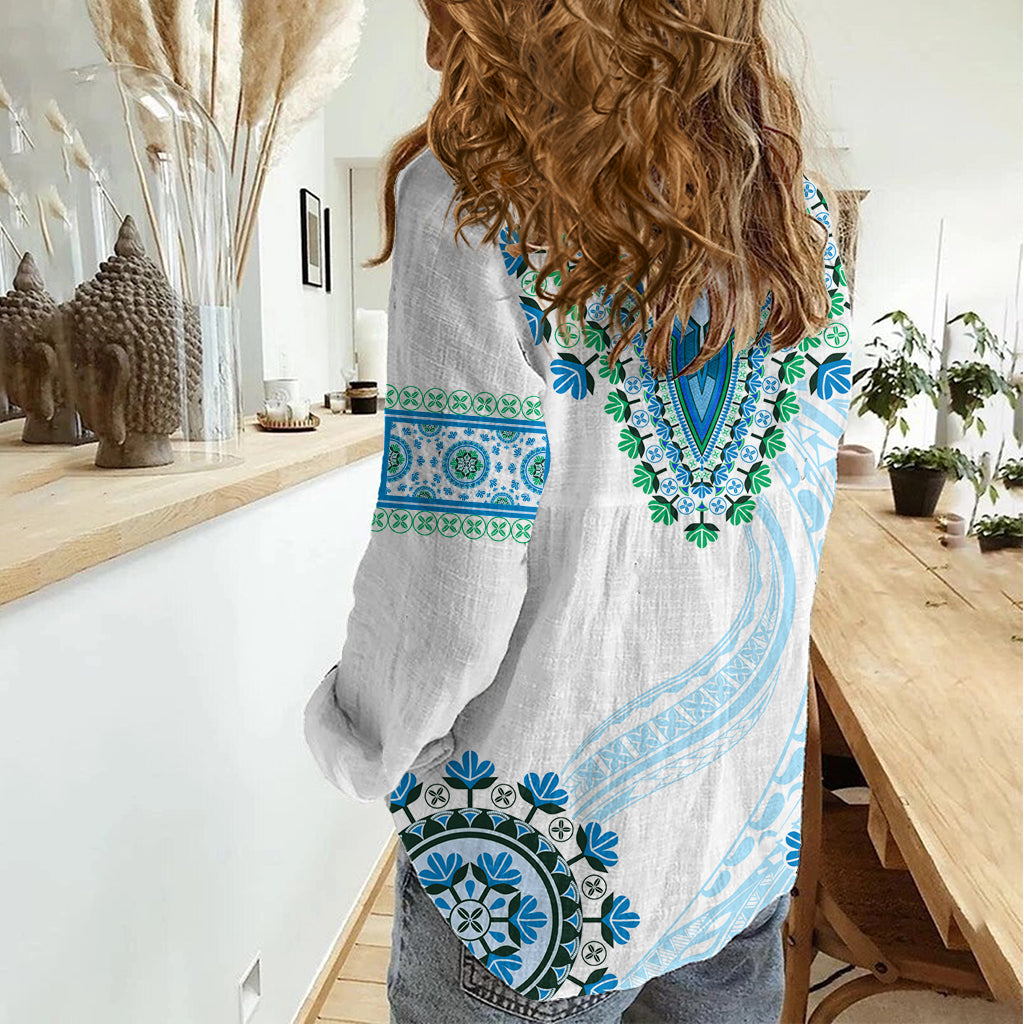 Afrika Dashiki Frauen Casual Shirt mit polynesischen Muster blaue Version LT05