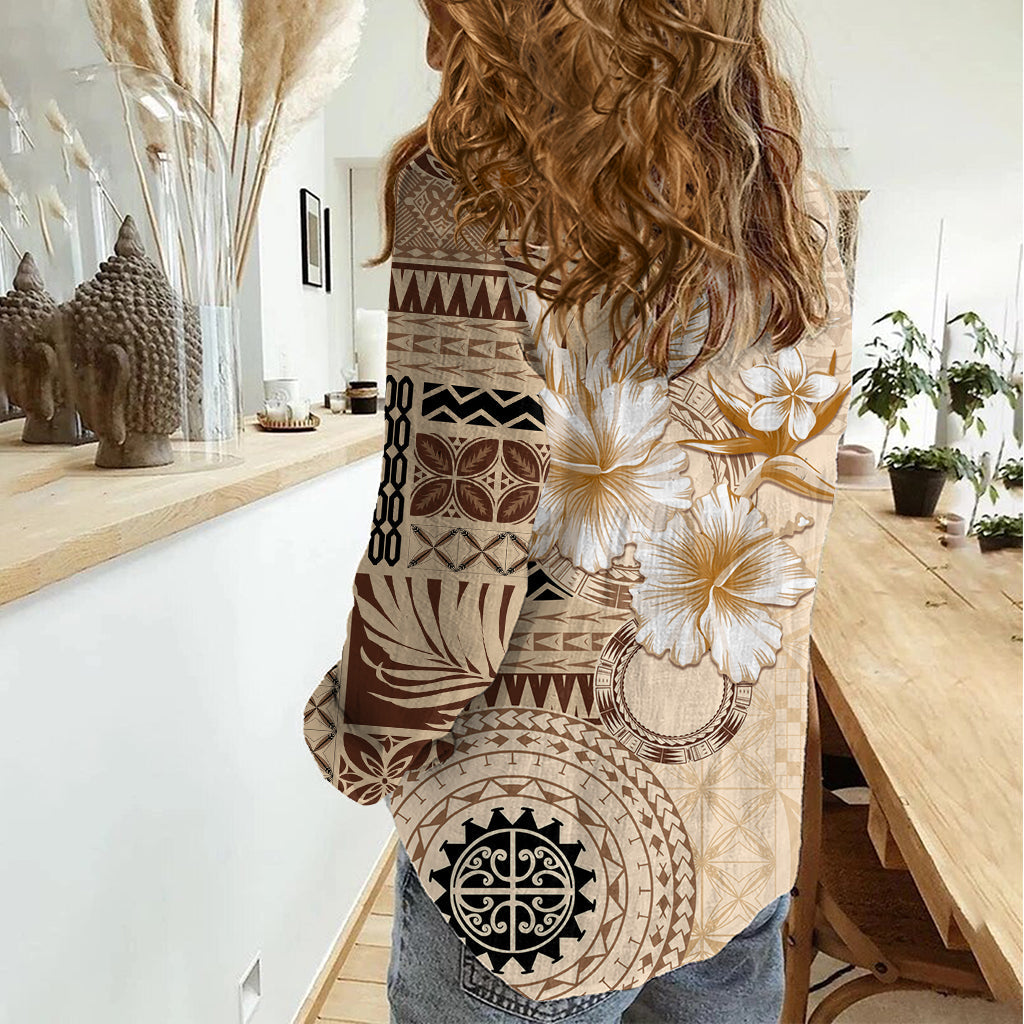 Samoa Siapo Muster mit Beige Hibiscus Frauen Casual Shirt LT05