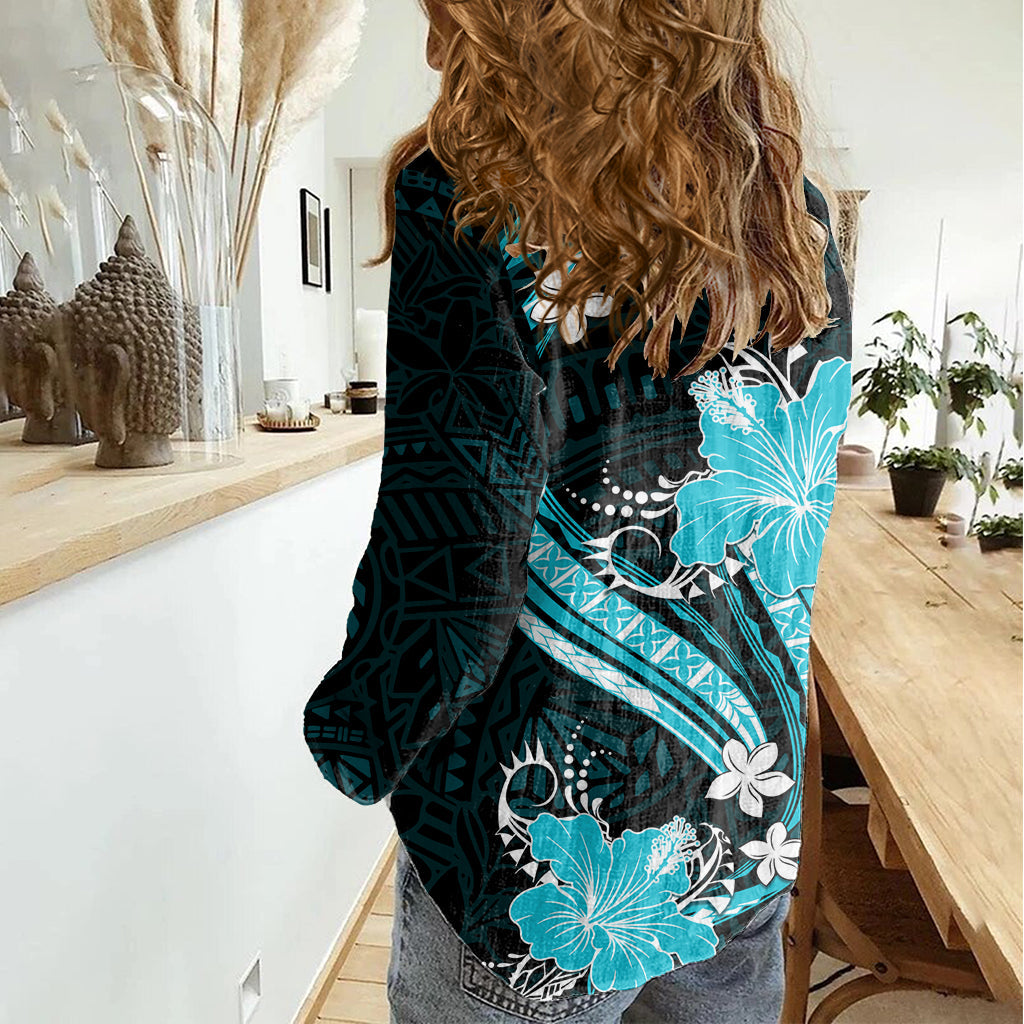 Aqua Polynesian Muster mit tropischen Blumen Frauen Casual Shirt LT05