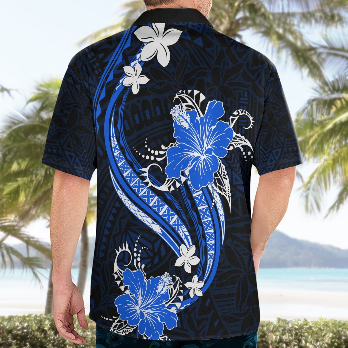 Blaues polynesisches Muster mit tropischen Blumen Hawaiihemd LT05