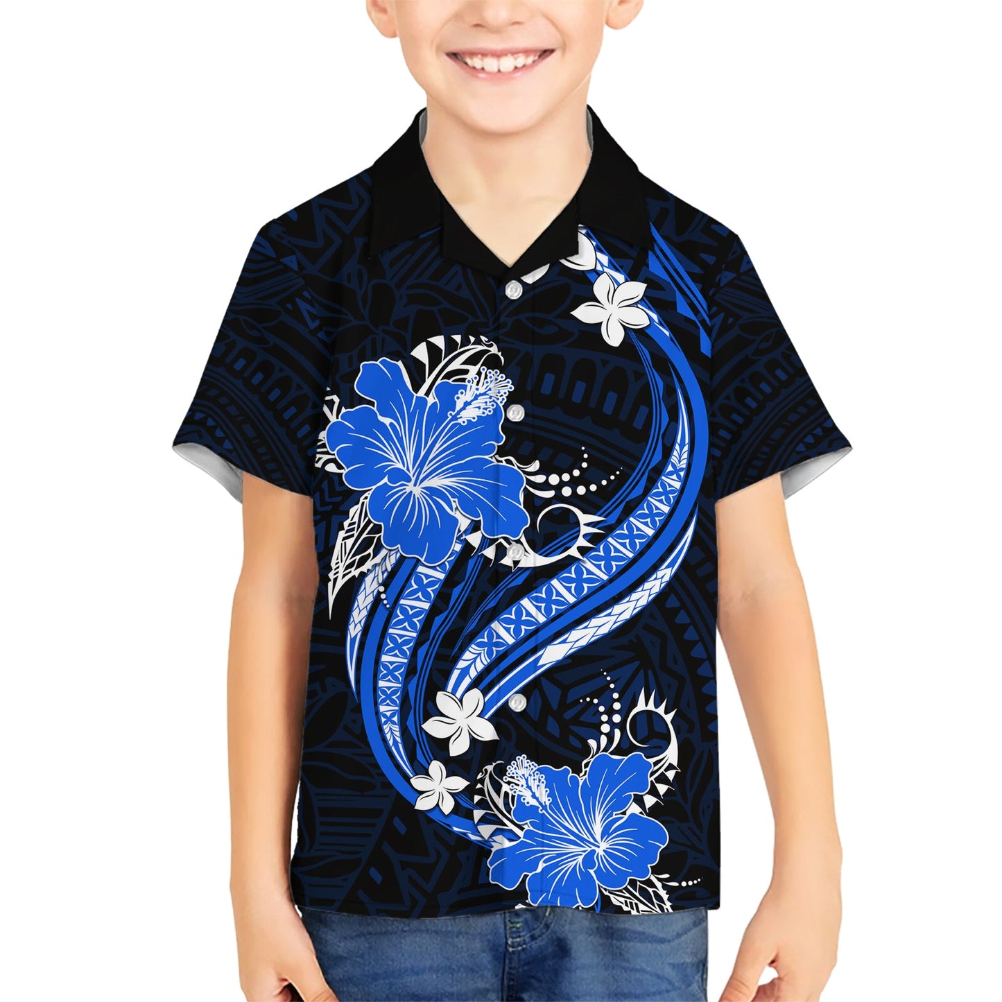 Blaues polynesisches Muster mit tropischen Blumen Hawaiihemd LT05