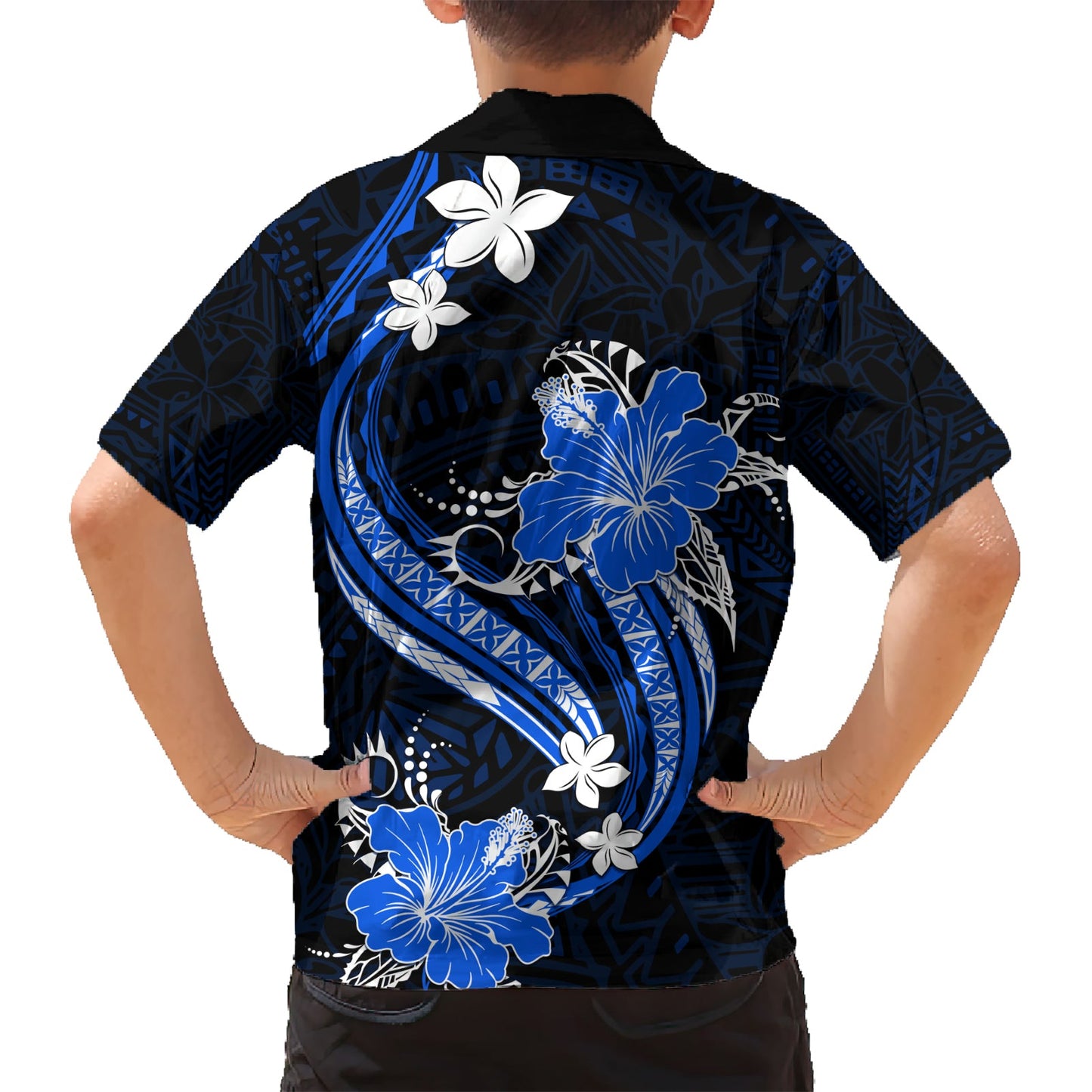 Blaues polynesisches Muster mit tropischen Blumen Hawaiihemd LT05