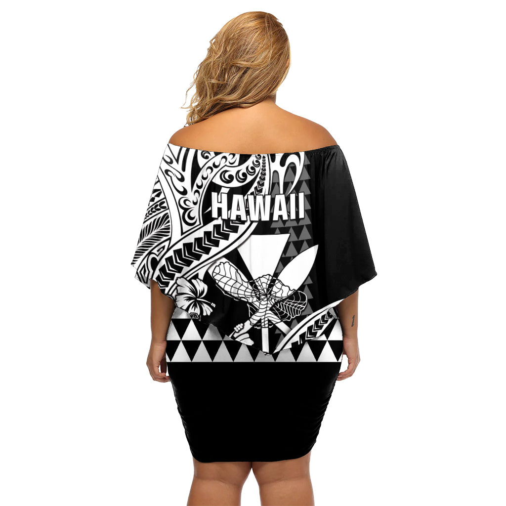 Hawaii Maui Upena Kiloi Schulterfreies Kurzes Kleid mit blumen Kakau Tribal Muster Schwarze Version LT05
